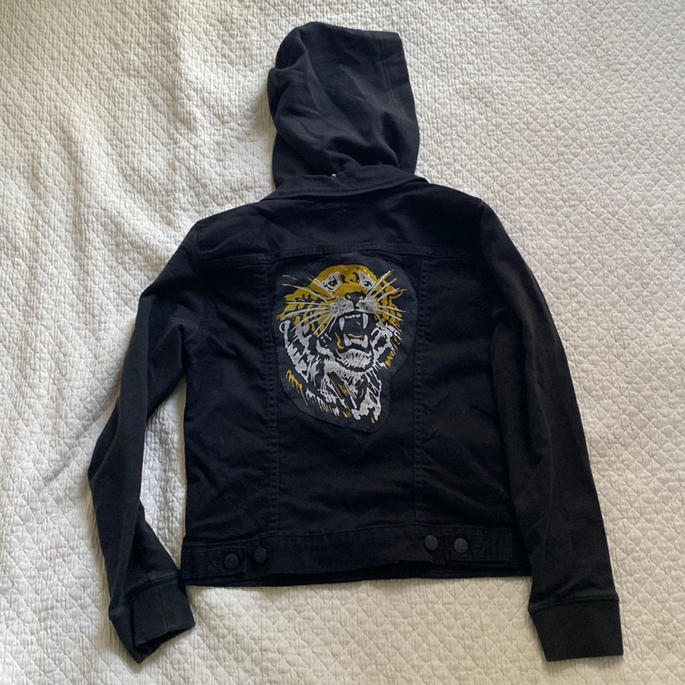 Levi’s Women’s Black Denim Hoodie Sweatshirt Jacket Coat Tiger Patch Medium